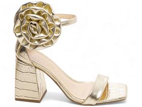 Sandália Feminina Salto Alto Bloco Grosso Bico Quadrado Flor 9cm Ouro Ligth Torricella