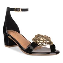 Sandalia Feminina Salto Baixo Bloco Grosso Takata Flor Luxo Metalizado Festa Confortavel