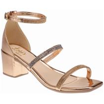 Sandália Feminina Salto Baixo com Brilho Tiras de Strass Pedraria Moda Blogueira 030-001