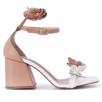 Sandália Feminina Salto Bloco Alto Borboleta Nude/Branco