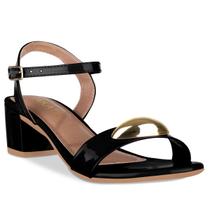 Sandalia Feminina Salto Bloco Baixo Enfeite Metal Dourado