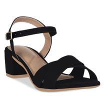 Sandalia Feminina Salto Bloco Baixo Fivela Tira Cruzadas Confortavel Moda Tendencia Preto Nobuck