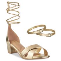 Sandalia Feminina Salto Bloco Grosso Quadrado Baixo Metalizada Tira Cruzada Amarracao