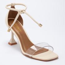 Sandália Feminina Salto Fino Flare Tira Transparente - OffWhite