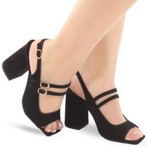 Sandália Feminina Salto Grosso Bloco Fivelas Retro P122