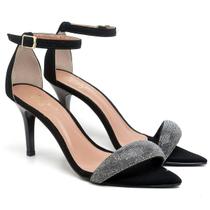 Sandália Feminina Salto Médio Bico Folha Nobuck Preto/Manta Strass Sandália Feminina Salto Médio Bico Folha Nobuck Preto/Manta Strass