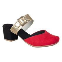 Sandalia Feminina Salto Veludo Estilo Fivela Bico Fechado