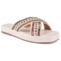 Sandália Feminina Slide Flatform Tiras Bordadas Cruzadas X Pedrarias Brilho Confortável Casual Moda Sandália Feminina Slide Flatform Tiras Bordadas Cruzadas X Pedrarias Brilho Confortável Casual Moda