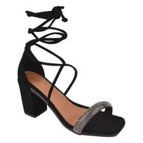 Sandália Feminina Strass Brilho Salto Alto Bloco amarração