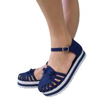 Sandália feminina tamanco flatform solado tratorado detalhes em corda azul marinho - Sacolão dos calçados