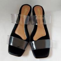 Sandália feminina Tamanco Tiras Cristal saltinho médio