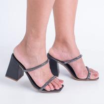 Sandália Feminina TIRA FINA Tamanco Salto Bloco Alto Grosso Brilho Strass