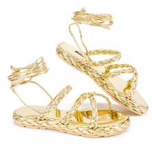 Sandália Feminina Trançada Sola Reta De Amarração Na Perna Sandália Feminina Trançada Sola Reta De Amarração Na Perna