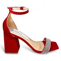 Sandália Feminina Vermelha Camurça Tira Strass Salto Alto Bloco Grosso Sandália Feminina Vermelha Camurça Tira Strass Salto Alto Bloco Grosso