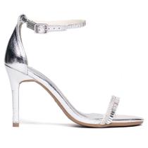 Sandália Feminina Via Marte Nobuck Salto Alto Strass Prata