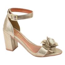 Sandalia Feminino Salto Metalasse Flor Fashionista Salto Alto Dourado