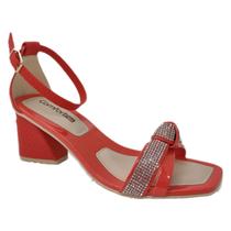 Sandália festa brilho salto médio bloco vermelha strass