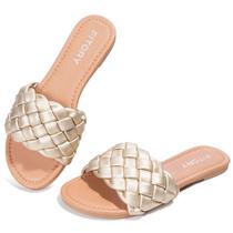 Sandália FITORY Flat Open Toe Slip On Trançada com Alça Dourada Sandália FITORY Flat Open Toe Slip On Trançada com Alça Dourada