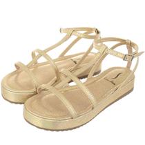 Sandália Flat Brilho Somileve Lilis Dourado Tiras Conforto Fivela
