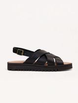 Sandália Flat Couro Tiras - Preto