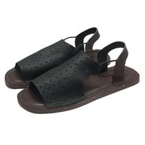 Sandália Flat Couro Vazado Preto