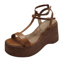 Sandália Flat Form Ráfia Couro Canela