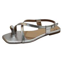 Sandália Flat Metal Couro Prata