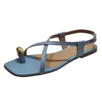 Sandália Flat Metal Couro Sky Blue