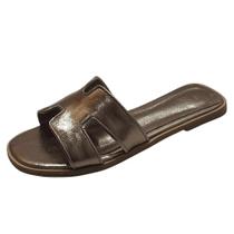 Sandália Flat Slide Couro Prata Velho