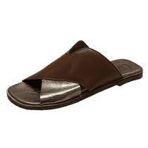 Sandália Flat Slide Couro Whisky/Prata Velho
