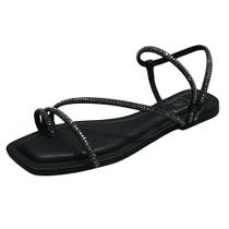Sandália Flat Strass Couro Preto