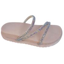 Sandália Infantil Feminina Papete Menina Flatform Juvenil Flat Slide Tira Strass Rasteirinha Confort Brilho Pedrinhas Virginia Casual