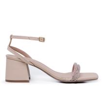Sandália LeRUCHEL Bico Quadrado Salto Grosso Strass Amendoa