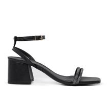 Sandália LeRUCHEL Bico Quadrado Salto Grosso Strass Preto