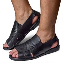 Sandália Masculina Couro Conforto Salto Baixo Preto Casual