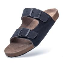 Sandália Masculina Papete Confort Couro Legitimo Burly Heads Leve Azul Marinho