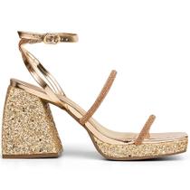 Sandália Meia Pata Dourado Tiras Brilhantes Salto Bloco Sandália Meia Pata Dourado Tiras Brilhantes Salto Bloco