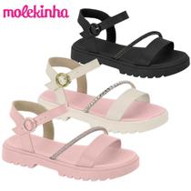 Sandália Molekinha Infantil Tratorada Strass Salto Menina Tira Feminina Brilho Trançada Casual Papete Conforto Flatform Original Kids Detalhe Cristal