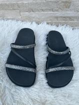 Sandália papete feminina 3 tiras glitter e baulada rasteirinha chinelo confortavel