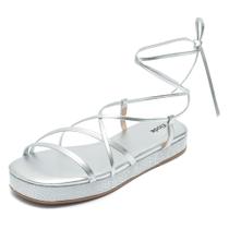 Sandália Papete Flatform Feminina Prata Metalizado Amarração