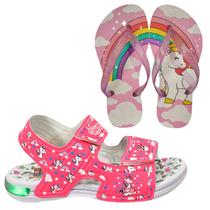Sandália Papete Infantil Led Feminina Unicórnio Rosa Meninas + Chinelo