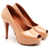 Sandália Peep Toe Ella's Meia Pata Salto Alto Verniz Nude