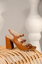 Sandália Ramarim Feminina Salto Alto Grosso Caramelo com Tiras e Detalhes Dourados