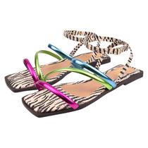 Sandália rasteira animal print feminina tiras colorida bico quadrado - Sacolão dos calçados