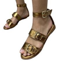 Sandália Rasteira Bronze Couro Legitimo Fivelas Douradas