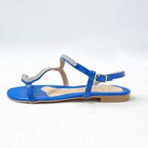 Sandália Rasteira De Tiras Azul Maré Em Manta De Strass