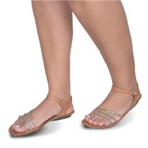 Sandália Rasteira em Couro Whisky Strass