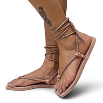 Sandália Rasteira Feminina de Amarrar Bico Quadrado Modernidade Inovação Lançamento Bege Você Mulher Mais Linda Ainda