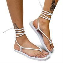 Sandália Rasteira Feminina de Amarrar Bico Quadrado Modernidade Inovação Lançamento Branco Você Mulher Mais Linda Ainda