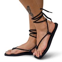 Sandália Rasteira Feminina de Amarrar Bico Quadrado Modernidade Inovação Lançamento Preto Você Mulher Mais Linda Ainda